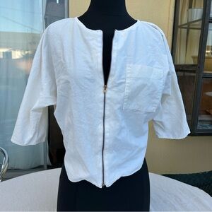 Vintage 70s Sitting Pretty of California Zip Up White Blouse, Cottagecore Top